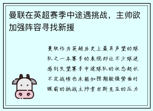 曼联在英超赛季中途遇挑战，主帅欲加强阵容寻找新援
