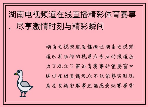 湖南电视频道在线直播精彩体育赛事，尽享激情时刻与精彩瞬间