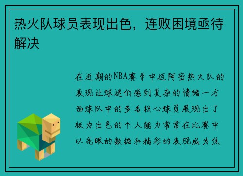 热火队球员表现出色，连败困境亟待解决