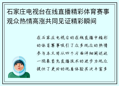 石家庄电视台在线直播精彩体育赛事观众热情高涨共同见证精彩瞬间